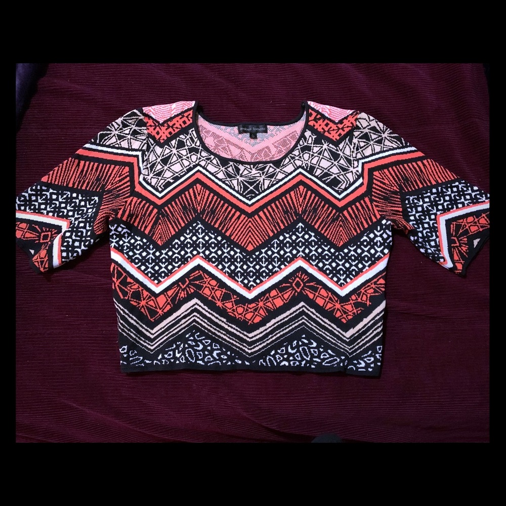 Crop sweater top - bold print - orange white black